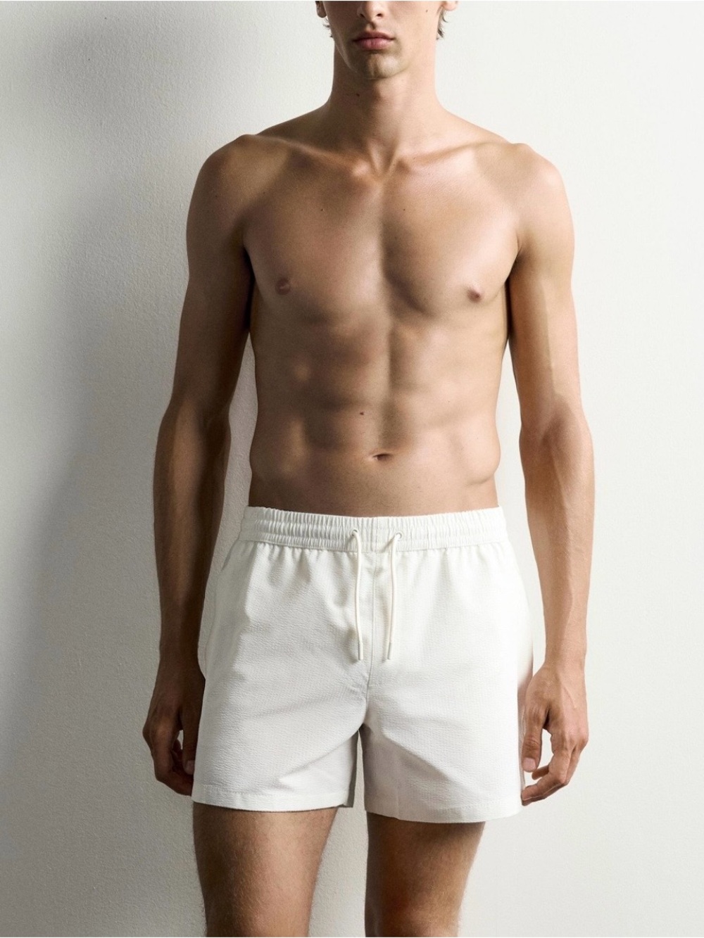 Zara NWT Cream Elastic-Waist Drawstring Swim Trunks